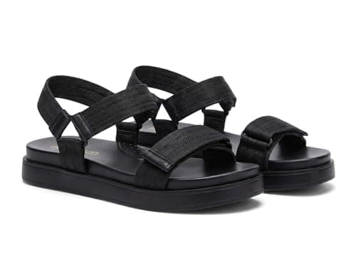 Coutgo Womens Flat Sandals Arch Support Adjustable Strap Sandals Comfort Walking Summer Beach Shoes, Black Textile, Size 8 - Image 1