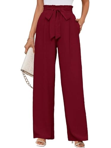 KORSIS Wide Leg Pants for Women Lightweight Waisted Adjustable Tie Knot Loose Comfy Casual Trousers with Pocket Wine Red XX-Large - Image 1