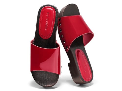 Coutgo Womens Platform Chunky Low Heels Sandals Open Toe Slides Slip On Summer Beach Shoes, Red, Size 7.5 - Image 1
