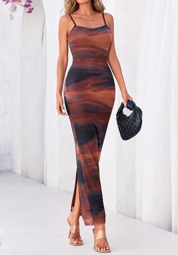 BTFBM Womens Maxi Dress 2026 Spring Floral Sexy Spaghetti Straps Sleeveless Bodycon Summer Beach Wedding Guest Dresses(Dark Red Print, Large) - Thumbnail 6