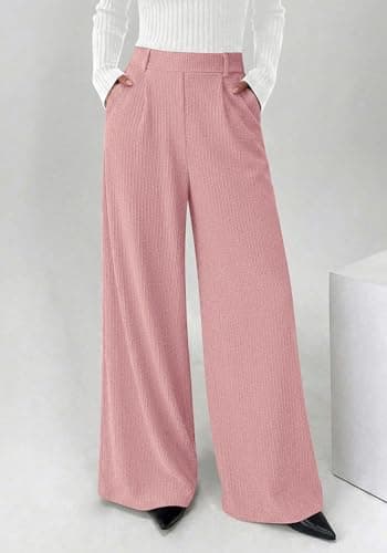BTFBM Wide Leg Pants for Women Dressy Work Business Casual Elastic High Waisted Trousers Ribbed Lounge Palazzo Pants(Pink, XX-Large) - Thumbnail 3