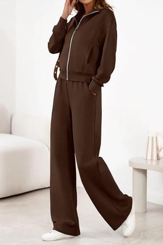 PRETTYGARDEN Women's 2 Piece Outfits Spring Sweatsuits Zip Up Sweatshirt Wide Leg Sweatpants Casual Tracksuit Lounge Sets(Brown,Medium) - Thumbnail 6
