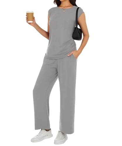YSYOKOW Women's 2 Piece Lounge Set Cap Sleeve Top and Wide Leg Pants Casual Matching Travel Outfit with Pockets(Grey, Small) - Image 1