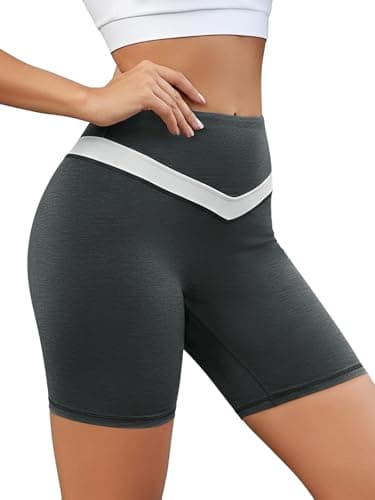 Aoysky Womens Buttery Soft Biker Shorts 6" High Waisted V-Shaped Color Block Booty Gym Yoga Athletic Shorts with Pockets Black Grey - Image 1