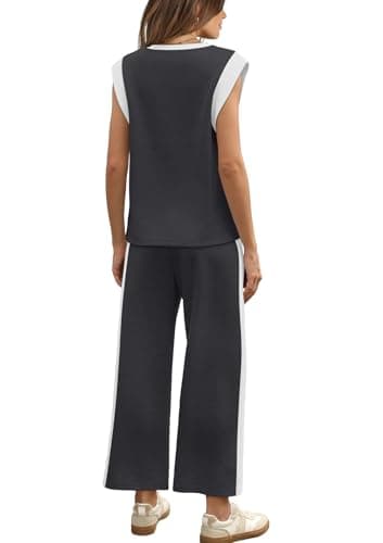 WIHOLL Workout Sets for Women Two Piece Outfits for Women Summer Travel Airport Cap Sleeve Tracksuit Workout Sets 2 Pc Lounge Sets Wide Leg Women's 2026 Spring Loungewear Casual Color Block Grey L - Thumbnail 5