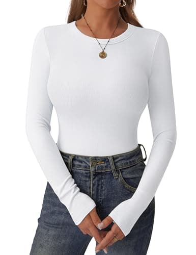 C.O.Z.Y Womens Long Sleeve Shirts Ribbed Crewneck Slim Fit Tops Casual Layering Basic Tee T-Shirt Trendy Outfits White - Image 1