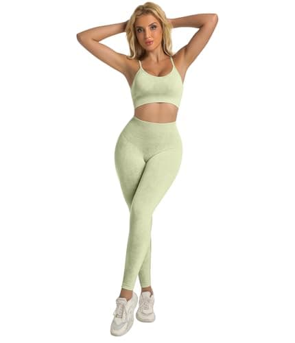 YOAKUKA Women's 4 Piece Workout Sets Seamless Acid Wash Yoga Outfits with Short Sleeve Top Sports Bra Biker Shorts High Waist Leggings Active Set - Thumbnail 5