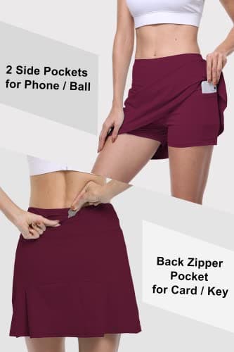 CHICHO Womens Running Skirt Tennis Athletic Pleated Skort with Shorts Zip Pockets Casual Ladies Skirt Skorts for Golf Above Knee Skorts Workout Running Burgundy, Large - Thumbnail 4