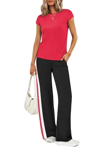 Casly Lamiit Womens Summer Outfits Travel Lounge Sets Short Sleeve Two Piece Sets Crew Neck Casual Tracksuits Red XS - Thumbnail 2