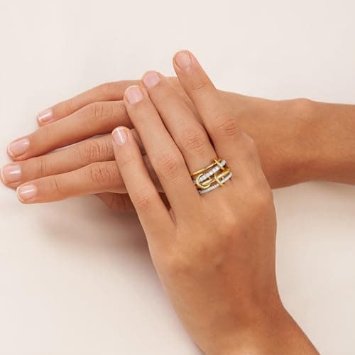 Fimhut Stackable Rings for Women Christmas Gift, 18K Gold Plated Cubic Zirconia Rings, Silver Gold Multi Ring Mixed Metals Stackable Ring Set for Women Hypoallergenic.Size 7 - Thumbnail 4