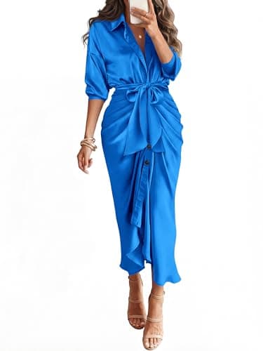 BTFBM Summer Dresses for Women 2026 Long Sleeve V Neck Button Down Elegant Belted Ruched Satin Silk Shirt Fall Dress(Brilliant Blue, Small) - Image 1