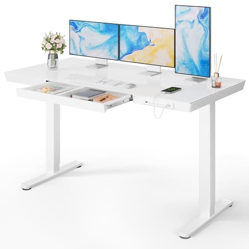 Marsail Glass Standing Desk with Drawer,55 x 28 inch Electric Standing Desk, Adjustable Height Desk with Storage & USB Charging Ports, One-Piece Standing Desk for Home & Office, White - Image 1
