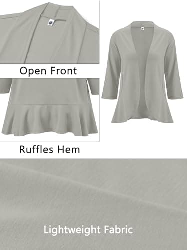 AusLook Women's Plus Size 3/4 Sleeve Lightweight Open Front Cardigan Light Gray 4X Draped Ruffles Causal Cover Ups Shrugs Tops Shawls and Wraps Kimono Jacket Coat - Thumbnail 5