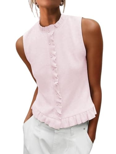 Hilomirics Womens Sleeveless Sweater Vest Mockneck Button Down Vacation Tank Top Summer Ruffle Going Out Vest Tops Pink - Image 1