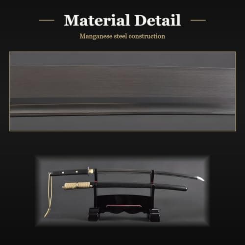 HMS Real Katana Sword - Hand Forged Manganese Steel Full Tang Blade, Functional Japanese Sword for Cutting Practice & Collectors, Black - Thumbnail 5