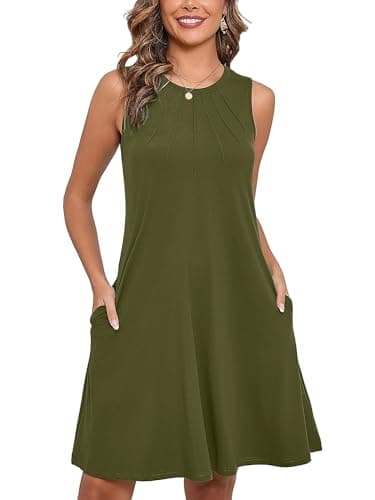 Heymoments Women Summer Dress Olive Green Medium Sleeveless Crew Neck Casual Cute Loose Fitting Tank Sundress Comfy Swing Midi Flowy A-line Trendy Beach Vacation Teacher Dresses with Pockets - Image 1