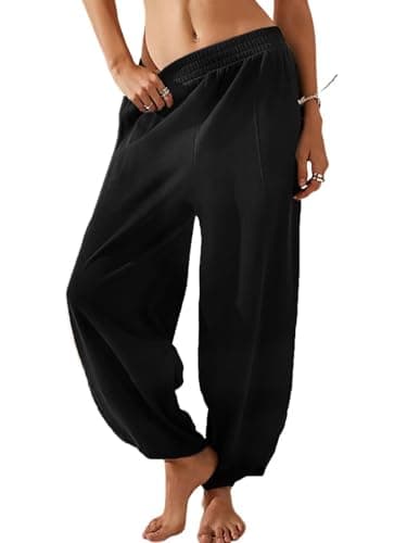 EGUGYDW Womens Baggy Wide Leg Pants Elastic High Waisted Palazzo Harem Trousers with Pockets Black L - Image 1