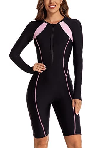 ECUPPER Women Long Sleeve One Piece Swimsuit Boyleg Zipper Rash Guard Bathing Suit Coverage Surfing Swimwear Built in Bra Black Medium - Image 1