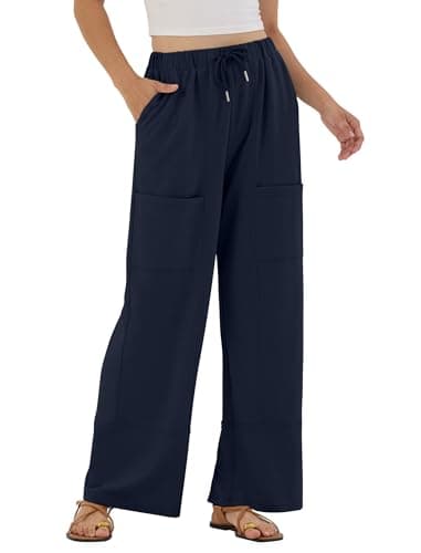ZAFUL Womens Baggy Wide Leg Pants Cotton Casual Elastic Waist Lounge Palazzo Sweatpants Navy Blue M - Image 1