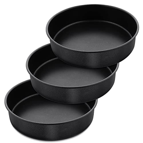 Herogo 8 Inch Black Round Cake Pan Set of 3, Nonstick Sturdy Stainless Steel Baking Pan for Birthday Wedding Christmas, Steaming Serving, Healthy & Toxic Free, Oven Safe & Easy Cleaning