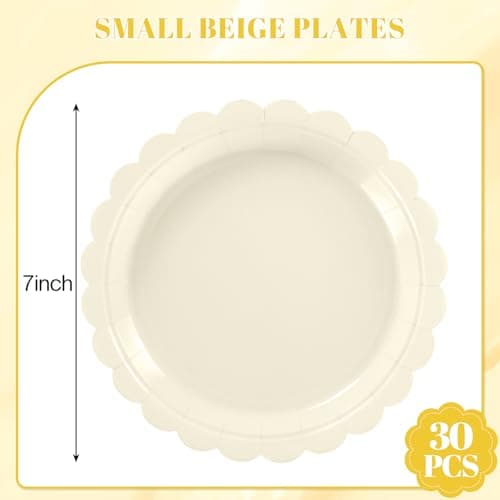 NatNarr 30 Pcs Dessert Plates Disposable, 7 Inch Ivory Paper Plates Scalloped Small Cake Appetizer Birthday Plate Cream Party Plate for Wedding, Baby Bridal Shower - Thumbnail 2