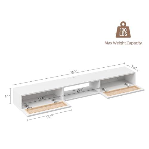 FurniNova 55" Floating TV Stand with Natural Rattan Doors, Boho Wall Mounted Media Console for Up to 65 inch TV, Modern Plyood Entertainment Center with Storage & Cable Management, White - Thumbnail 5