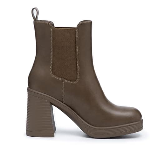 Athlefit Women's Chelsea Platform Boots High Chunky Heel Brown Ankle Boots Square Toe Slip On Elastic Heeled Booties Size 7.5 - Thumbnail 4