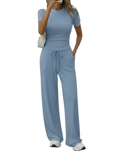 Flevita Women's 2 Piece Sets Summer Airport Outfits T-shirts and Wide Leg Pants Set Comfortable Travel Lounge Wear Pjs with Pockets 29" Inseam Pants Blue XS - Image 1
