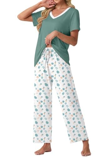 PrinStory Pajamas for Women Set Soft Pjs 2 Piece Pajama Sets Casual Pj Short Sleeve Lounge set with Pockets White Color Block-L - Thumbnail 2
