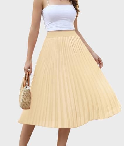 Women's Midi Skirt Elastic High Waist Pleated Skirt Knee Length Swing A-Line Casual Flowy Skirts 2025 Champagne,L - Thumbnail 2