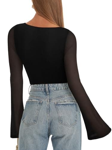 REORIA Women’s Fall Trendy Sexy Boat Neck Long Sleeve Sheer Mesh Slimming Going Out Bodysuit Tops For Vacation Black Small - Thumbnail 4