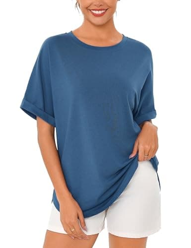 Totatuit Women Plus Size Cotton Long T Shirts Big Maternity Tee Basic Solid Short Sleeve Summer Tee Trending Lounge Shirts Tunic Blue XX-Large - Image 1