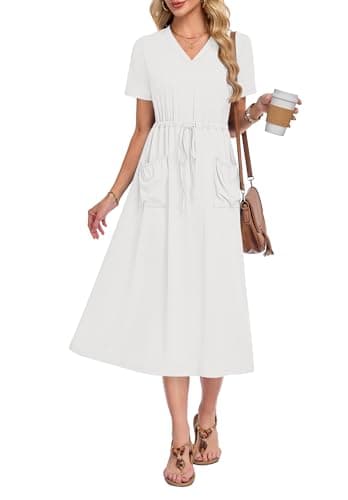 MOLERANI Women's Short Sleeve V-Neck Maxi Dress with Pockets — Adjustable Drawstring Waist for Summer Beach and Vacation White, XL - Image 1