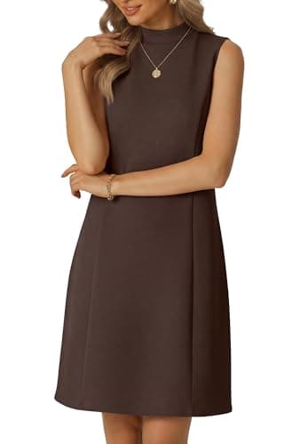 HiMONE Womens Sleeveless Mock Neck Mini Dress A Line Swing Dress with Pockets Casual Office Work Party Cute Outfit Dark Coffee