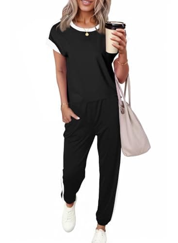 Dokotoo Two Piece Sets for Women Summer Outfits Colorblock Short Sleeve Crewneck Jogger Lounge Sets Matching Pajamas Loungewear Women Clothing Fall Fashion Trendy - Image 1