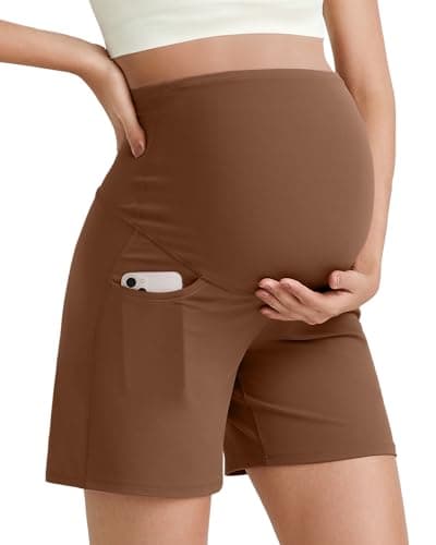G4Free Maternity Summer Clothes Workout Shorts with Pockets Stretchy Comfy Pregnancy Yoga Short Active Wear(Dark Coffee,L)