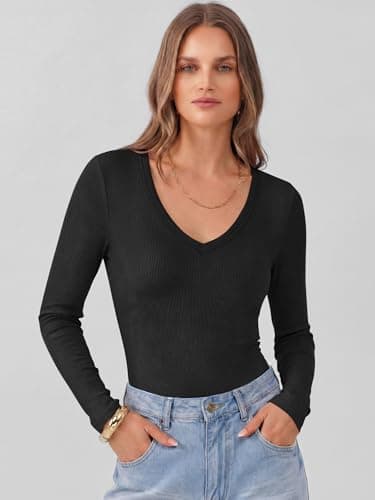 ANRABESS Women's Long Sleeve Deep V Neck Tops Black Medium - Thumbnail 3