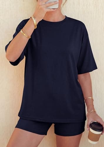 PRETTYGARDEN 2026 Women's Summer 2 Piece Sets Casual Lounge Set Short Sleeve Tops Shirts Shorts Travel Beach Vacation Outfits (Navy Blue,X-Small) - Thumbnail 6