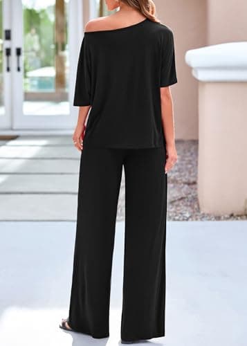 KIRUNDO Lounge Sets for Women Airport Travel Outfit 2026 Summer Off the Shoulder Tops Wide Leg Pants 2 Piece Matching Set(Black, XX-Large) - Thumbnail 2