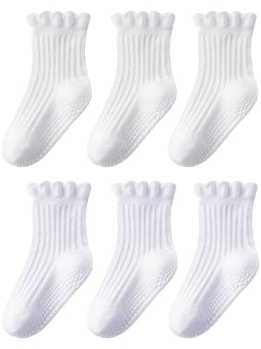 ALLOVIN 6 Pairs Non-Slip Ruffle Lace Socks for Baby & Toddler Girls – Soft Cotton Grip Socks | Pure White/Off-White | 6-12 Months - Image 1