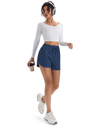 Aprolive Running Shorts for Women 4 Inch Athletic Lightweight Summer Casual Workout Gym Hiking Short with Zipper Pockets (Navy Blue, XL) - Thumbnail 4
