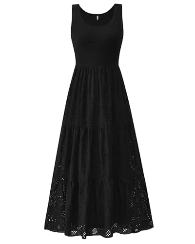 BTFBM Women Summer Eyelet Midi Dresses Casual Spring 2026 Sleeveless A Line Flowy Vacation Beach Wedding Guest Sun Dress(Black, Large)