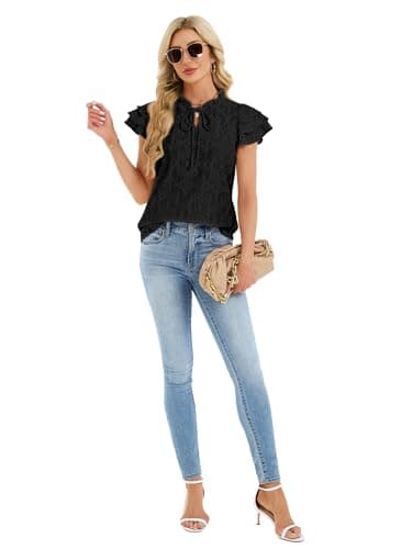 Funlingo Womens Blouses Dressy Casual Summer Cap Short Sleeve Hollow Out Eyelet Tops Ruffle Collar Lace Crochet Embroidered Shirts Black 2XL - Thumbnail 6