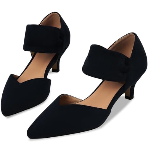 COMFITORIA Womens Low Kitten Heels Closed Pointed Toe Slip on Pumps Ankle Strap Heels Sexy Elegant Bridal Party Dressy Shoes, Black, Size 9 - Image 1