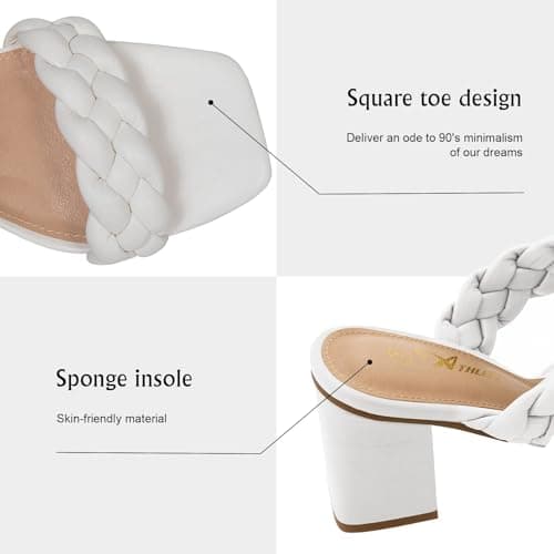 Athlefit White Braided Heeled Sandals for Women Fashion Square Open Toe Comfortable Slip on Block Heels Size 5.5 - Thumbnail 5