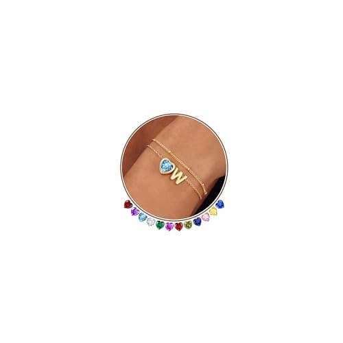 Esrial Heart Initial Birthstone Bracelets for Women- Dainty 14K Gold Plated Heart Letter A-Z Charm Layered Bracelet Trendy Jewelry Gifts, Birthday Gifts for Women(March,Initial W) - Image 1