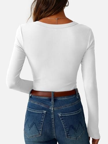 GKBK Womens Long Sleeve Ribbed Tops Fitted Stretch Casual Crewneck Basic Tee Shirts Tight Layering 2026 Fall Fashion Outfits White L - Thumbnail 4