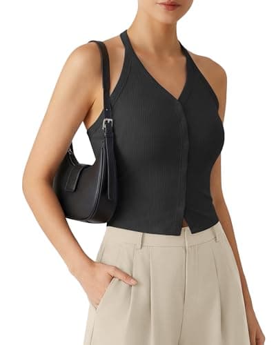 G4Free Halter Ribbed Tank Tops for Women Backless Camisole Crop Going Out Cami Top (Black,XXL) - Image 1