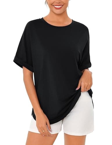 Totatuit Women Casual Rolled Short Sleeve Oversized Shirts Loose Drop Shoulder Cotton Tshirts Long Summer Tee Baggy Gym Shirts Black Medium - Image 1