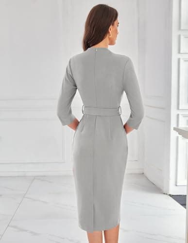 Office Dresses V Neck 3/4 Sleeve Church Dresses for Women Midi Pencil Dress L Gray - Thumbnail 4